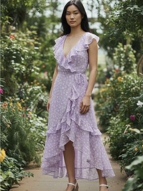 Lulu’s Cornelia Lavender Floral Print Ruffled Wrap Midi Dress